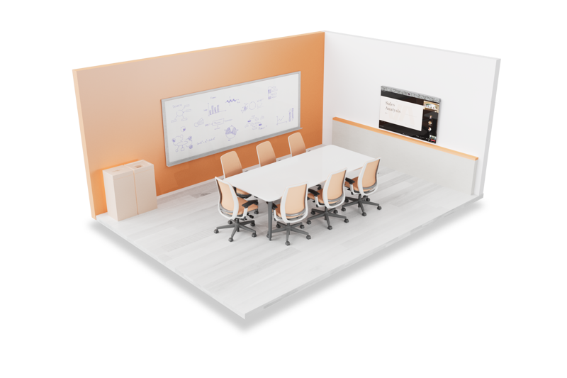 The Neat Board is the focal point within a meeting room. The room has a table and 7 empty chairs. The Neat board is pointed toward the table and chairs. The Neat board functions as a touch screen, audio system, and wide-angle camera.