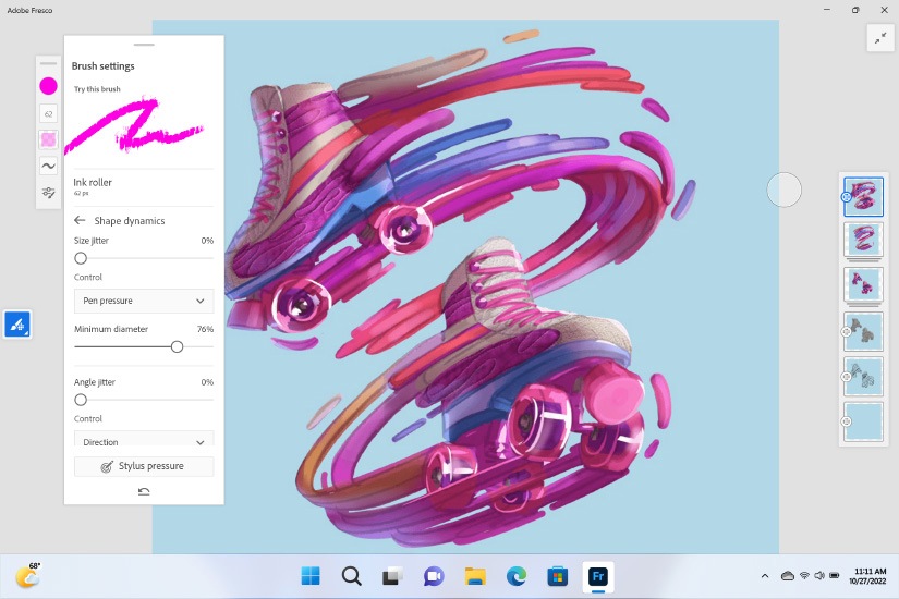 Adobe Fresco 可用來創造奇特的圖形。 畫面顯示輪式溜冰鞋在旋轉，旁邊還有紫色和粉紅色絲帶。