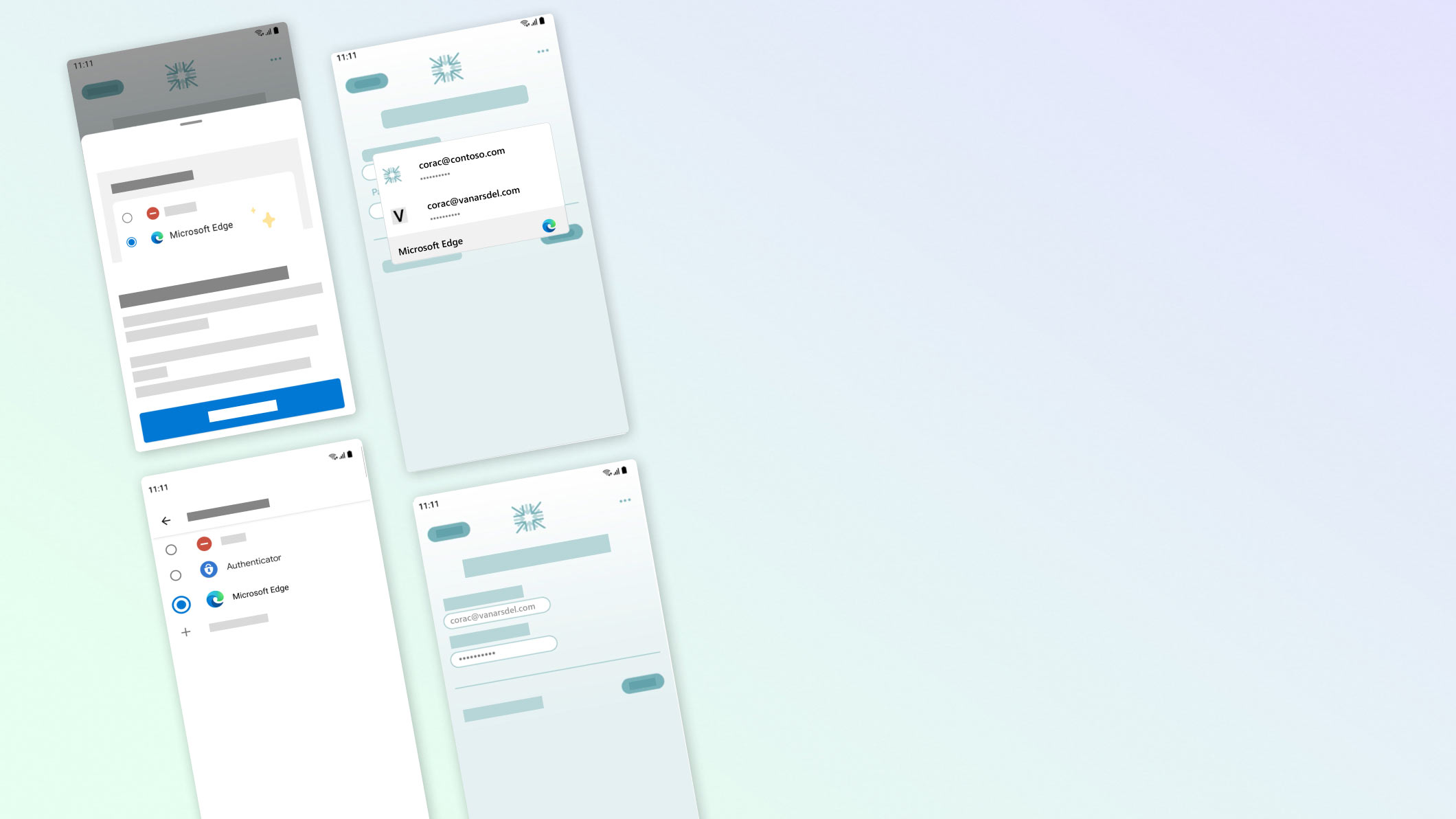 Mehrere Bildschirme auf Mobilgeräten mit Kennwort und Einstellungen für das automatische Ausfüllen, einschließlich Biometrie- und LinkedIn-Anmeldeoptionen
