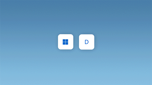 Tüm açık pencereleri küçültmek için Windows logosu tuşuna ve D tuşuna basıldığını gösteren animasyon
