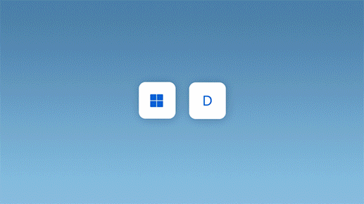 Animaatio, jossa näkyy kaikkien avointen ikkunoiden pienentäminen Windows-logonäppäimen ja D-näppäimen painalluksella
