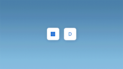 Animacija, vaizduojanti „Windows“ logotipo ir D klavišų paspaudimą, norint minimizuoti visus atidarytus langus