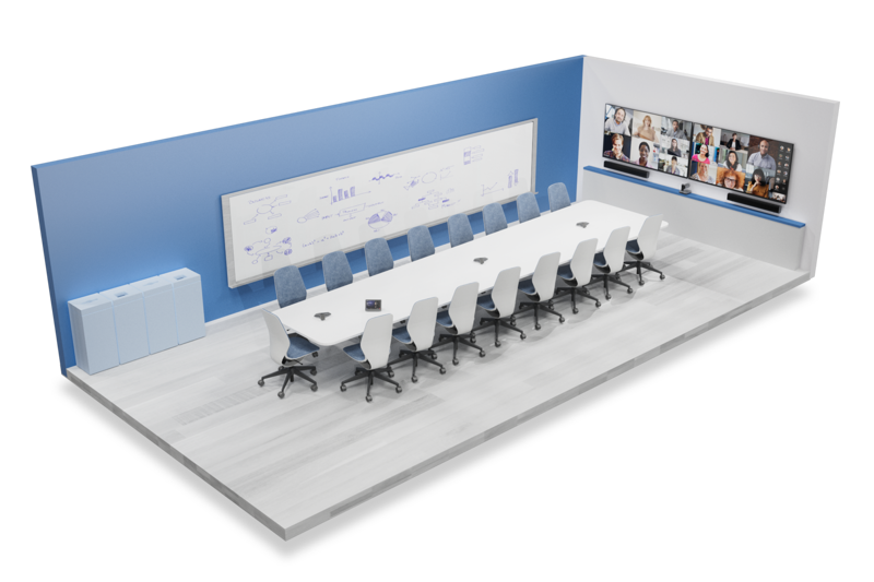 A large meeting room with a table and 17 empty chairs, and a screen mounted to the wall. UVC84 cameras are installed throughout the room to capture participants in the meeting. The QSC speakers are installed in the ceiling and wall. The MTouch II touch panel is on the table. It is used to control the audio and video settings for the meeting.