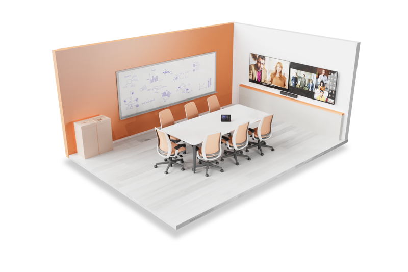 A meeting room table with 7 empty chairs. A screen is mounted on the wall, with remote participants displayed. The screen is pointed toward the table and chairs. The Yealink MeetingBar A20 is installed near the screen. The CTP18 touch panel is located on the table.