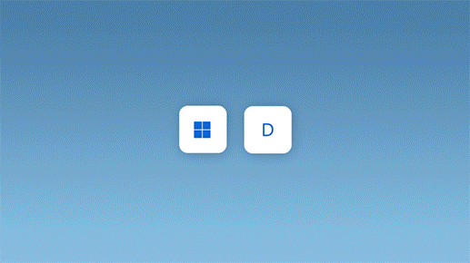 Animatsioon näitab Windowsi logo klahvi ja D-klahvi vajutamist, et aknaid minimeerida ja avada.