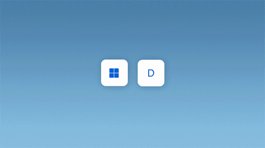 Uma animação a apresentar a tecla do logótipo do Windows e a tecla D a serem premidas para minimizar todas as janelas abertas
