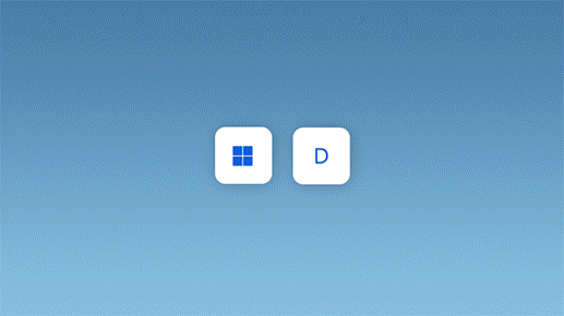 Animácia zobrazujúca stlačenie klávesu s logom Windows + klávesu D na minimalizáciu všetkých otvorených okien