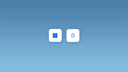 ภาพเคลื่อนไหวแสดงการกดแป้นโลโก้ Windows และ D เพื่อย่อหน้าต่างที่เปิดไว้ทั้งหมด