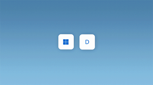 Windows 로고 키와 D 키를 동시에 눌러 열려 있는 모든 창을 최소화하는 방법을 보여 주는 애니메이션