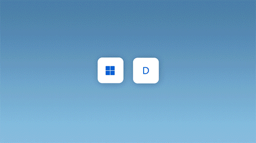 Animacja przedstawiająca naciśnięcie klawisza z logo Windows oraz klawisza D w celu zminimalizowania wszystkich otwartych okien