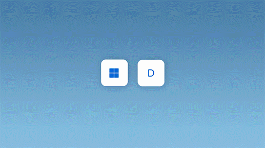 Animācija, kurā redzama Windows logotipa taustiņa un taustiņa D nospiešana, lai minimizētu visus atvērtos logus