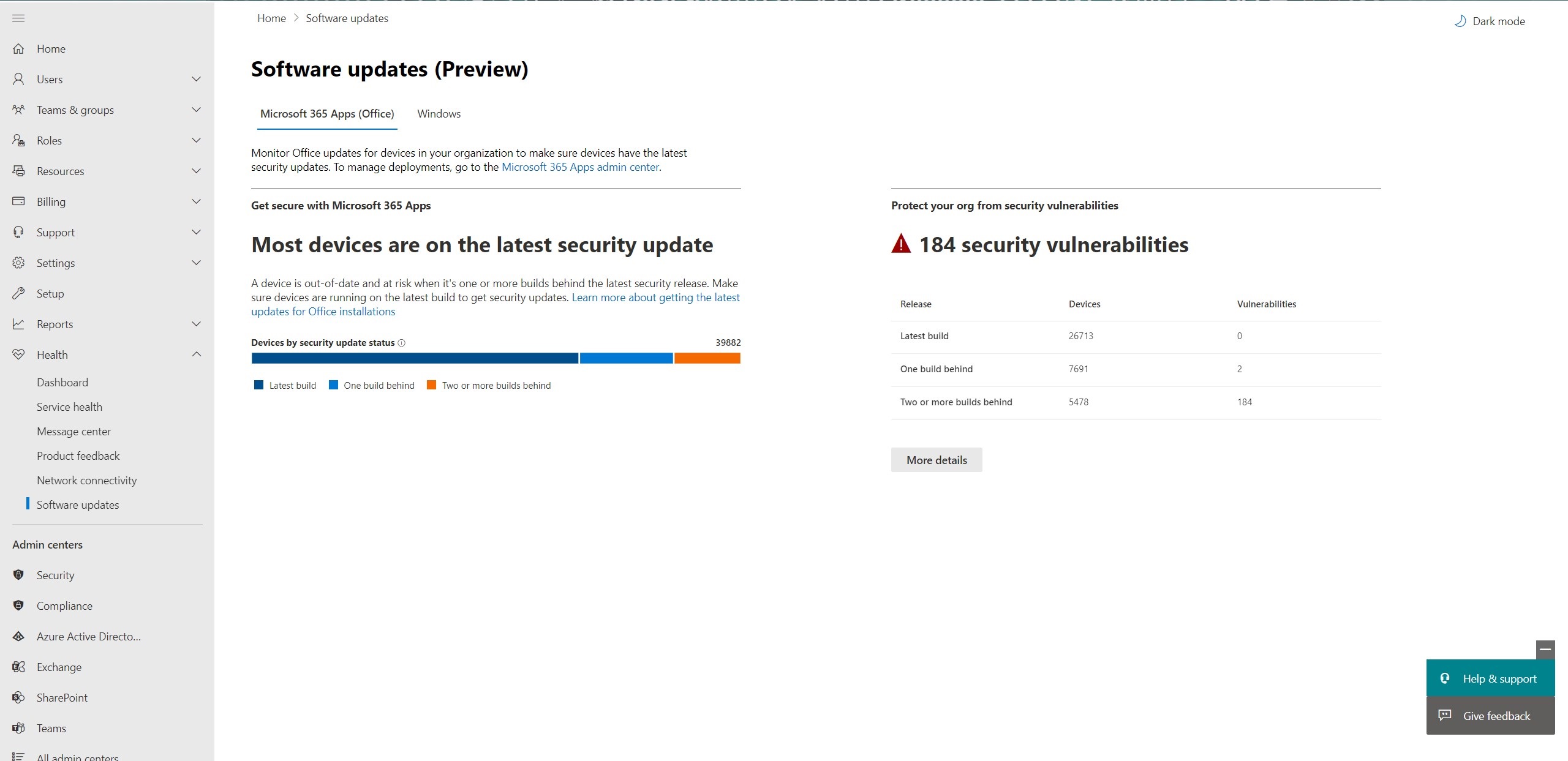 The Software updates page in the Microsoft 365 admin center