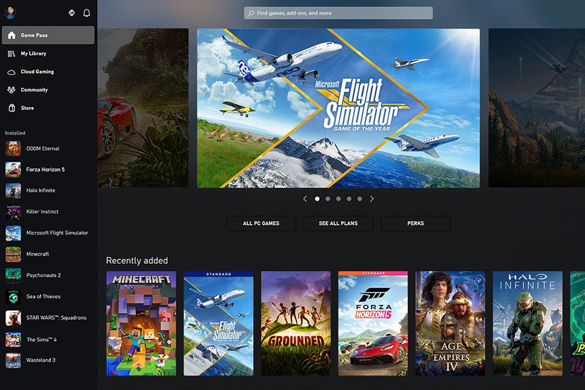 The start screen of Xbox Game Pass is featured with Microsoft Flight Simulator in the highlight position.