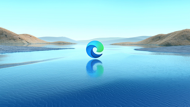 Illustration of the Microsoft Edge icon hovering over a pool of water.