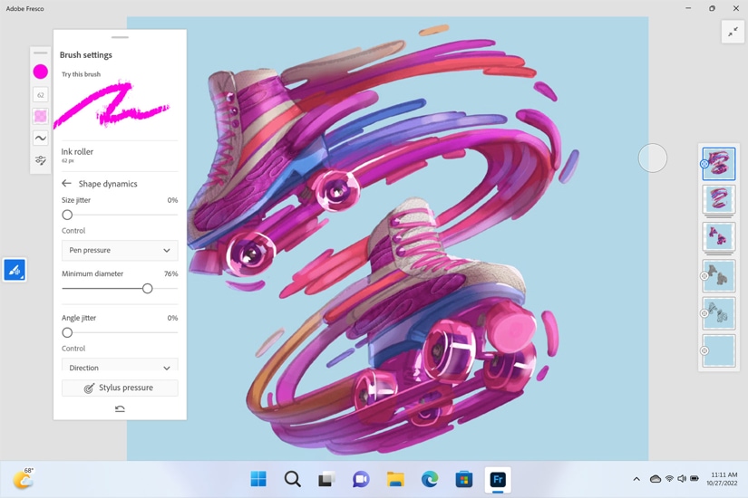 Adobe Fresco is being used to create funky graphics. Roller skates are shown swirling with ribbons of purples and pinks.