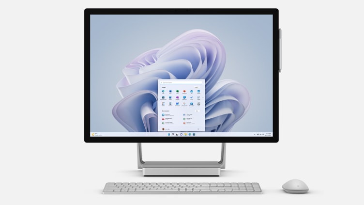 Front view of Surface Studio 2+ with accessories.