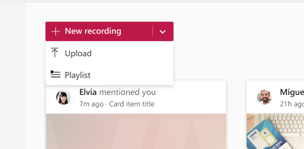 Users can create a new video by navigating to the Stream Start page (stream.office.com) and select the New Recording button.