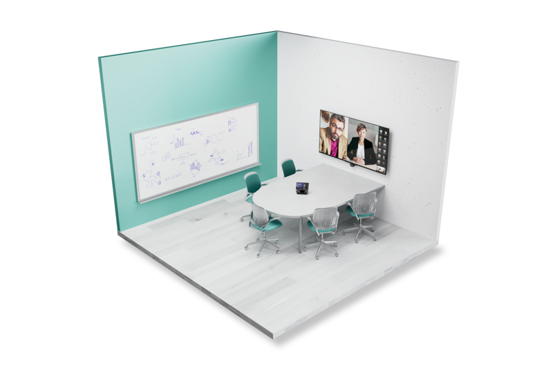 A meeting room with a table and 5 empty chairs. A screen is mounted on the wall, with remote participants displayed. The screen is pointed toward the table and chairs. The ThinkSmart Cam is below the screen, pointed toward the table. The ThinkSmart Hub is centrally located on the table.