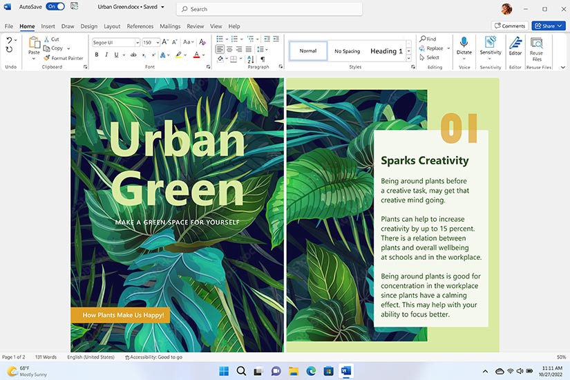 Microsoft Word näkyy tulostusasettelussa ja sisältää tietoja esitteen kasveista.