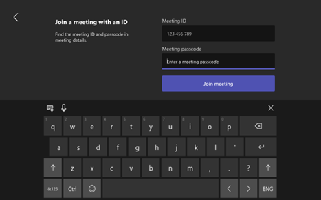 Users can select #Join with an ID to arrive at the screen below to input Teams meeting ID and passcode they received in a Teams meeting calendar invite and join that meeting from any Teams rooms.