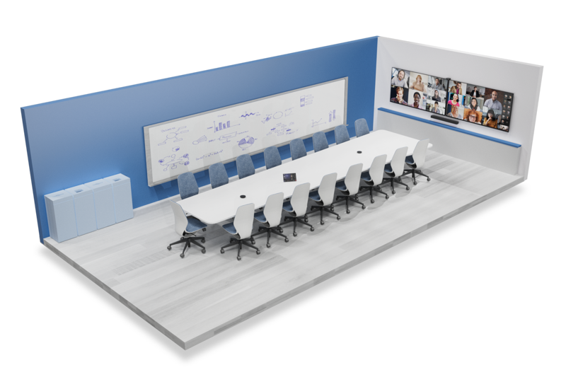 A meeting room with a table and 17 empty chairs. A screen is mounted on the wall, with remote participants displayed. The screen is pointed toward the table and chairs. The ThinkSmart Bar XL is below the screen and there are a pair of mic pods on the table. The ThinkSmart Cam is attached above the screen to video participants in the room. The ThinkSmart Controller is a touch-screen display located on the table, and it is used to control the meeting and adjust settings.