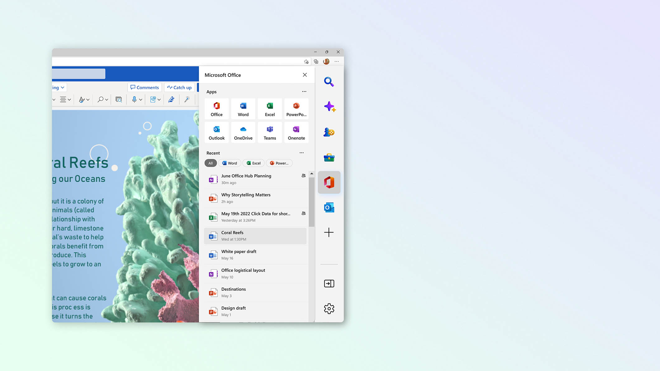 Microsoft Edge window showing apps in the Office sidebar feature