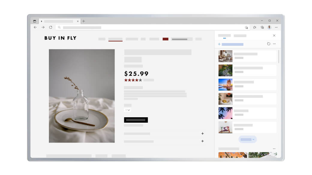 Janela do navegador Microsoft Edge mostrando uma página de compras e o recurso Coleções