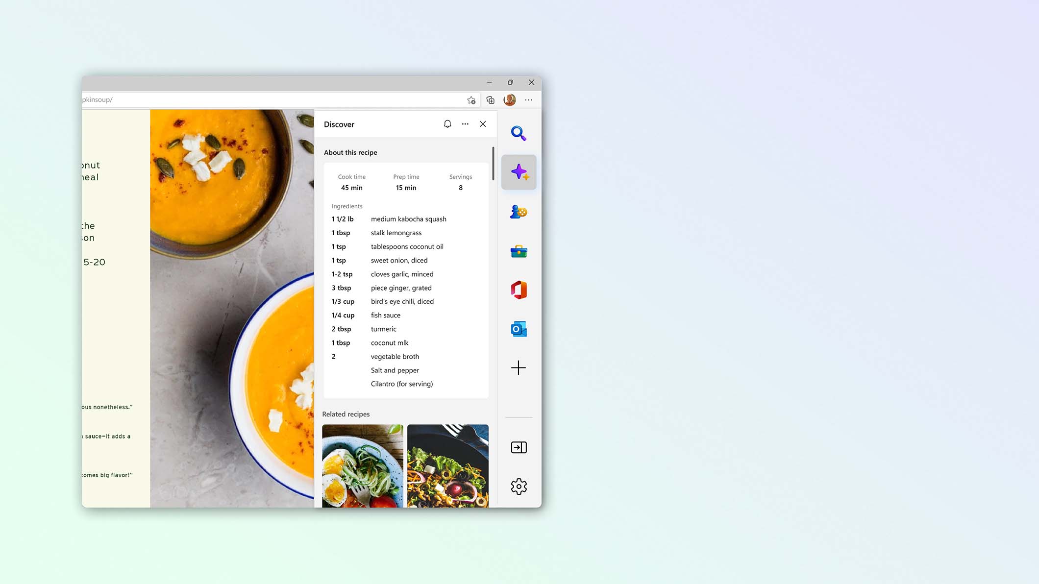 Microsoft Edge window showing a soup recipe in the discover sidebar feature