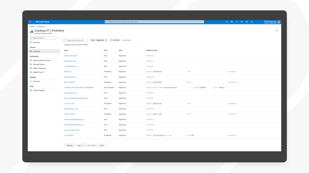 A Defender EASM inventory report in Azure including a list of approved assets.
