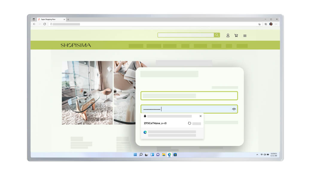 Tela do navegador Microsoft Edge, exibindo uma janela de criação de conta e o navegador Edge sugerindo uma senha segura para usar
