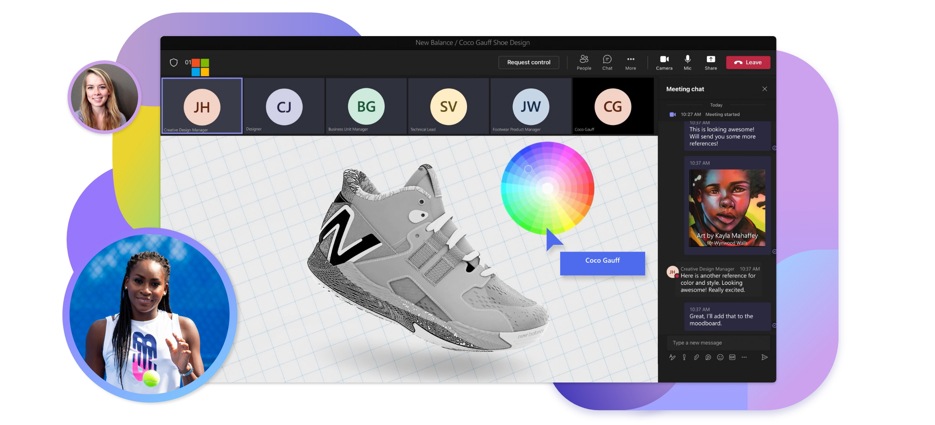 Multiple people editing a shoe design in real time over Teams.