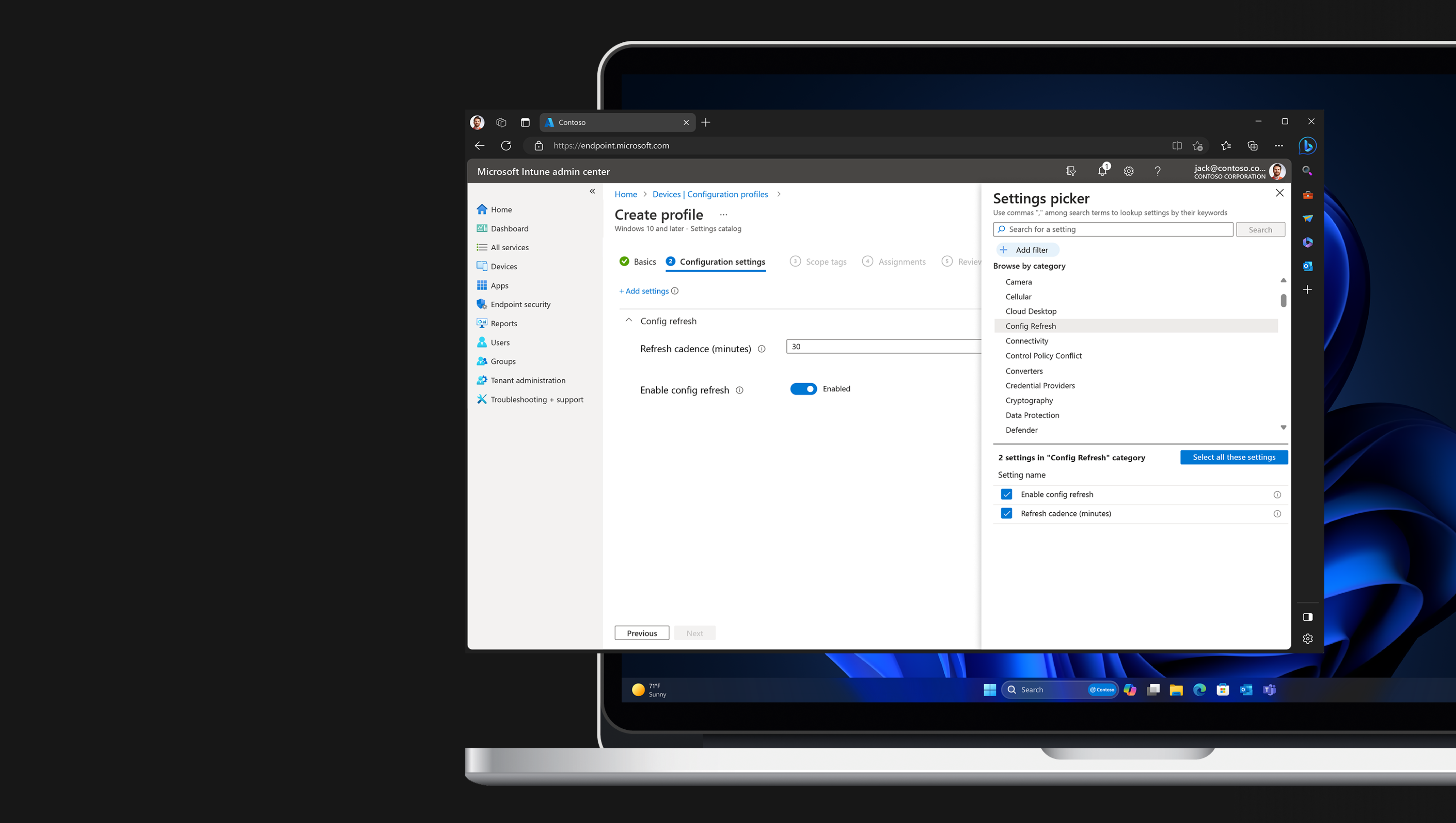 A device screen showing the Microsoft endpoint manager admin center