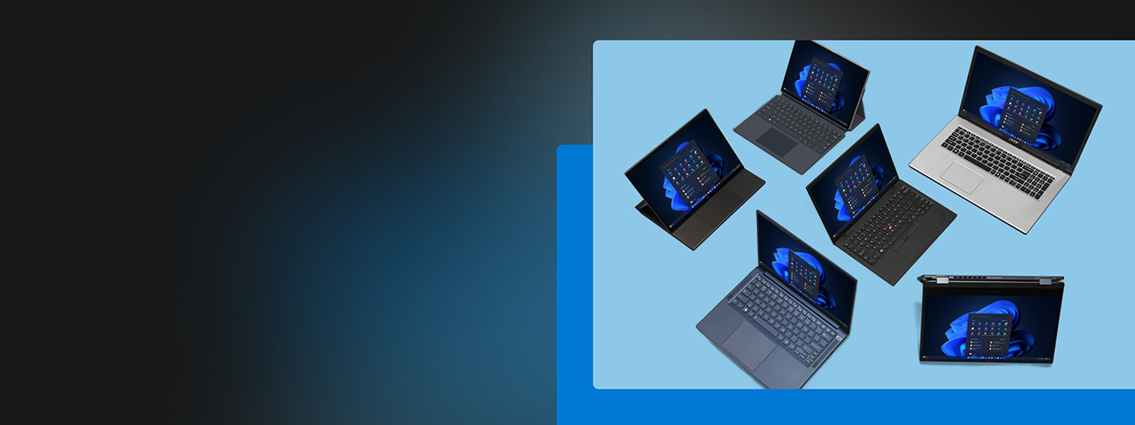 Multiple laptops and two-in-one devices displaying the Windows 11 start screen