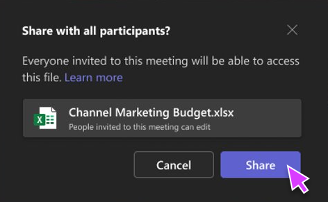 Once the workbook is selected the share permission dialog will appear. Click share to provide access to people invited to the meeting.