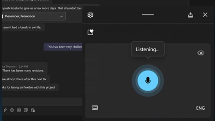 A device screen showing Windows 11 voice typing