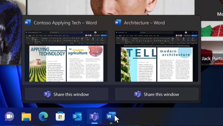 Uma tela de dispositivo que mostra um usuário compartilhando aplicativos na barra de tarefas