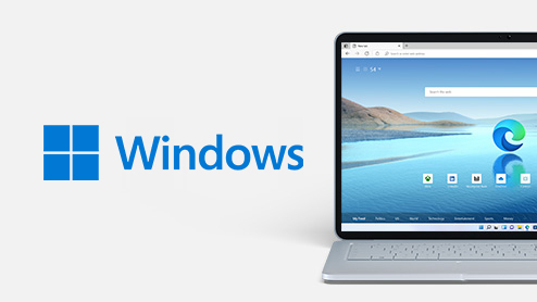 Windows-Logo neben Windows-Laptop mit Microsoft Edge auf dem Bildschirm