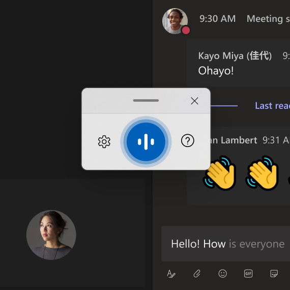 Cuadro emergente Dictado por voz con la pantalla de una reunión en el fondo y dos emojis de manos
