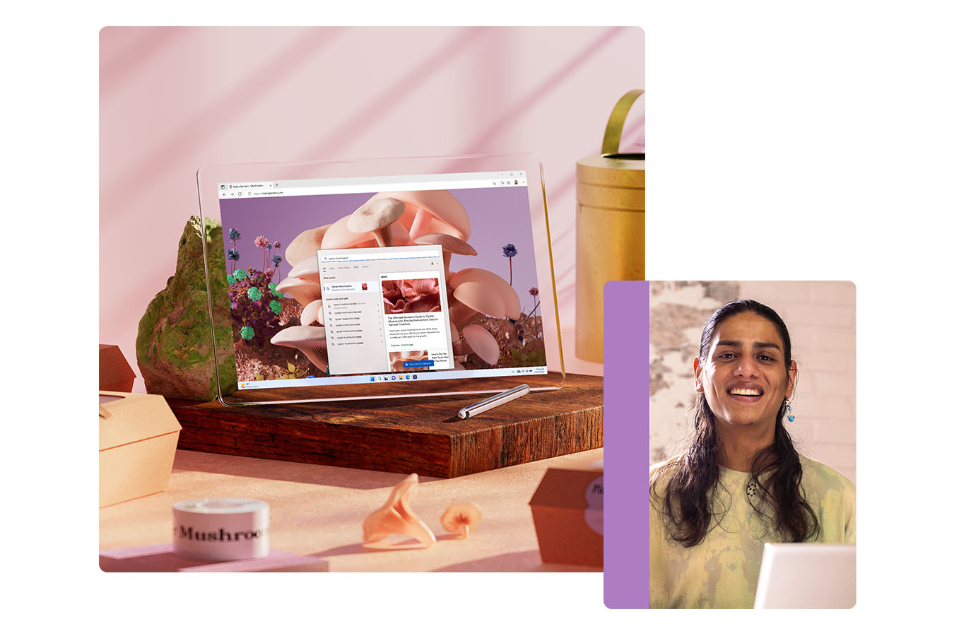 Open PC sitting on a wooden block with woman smiling