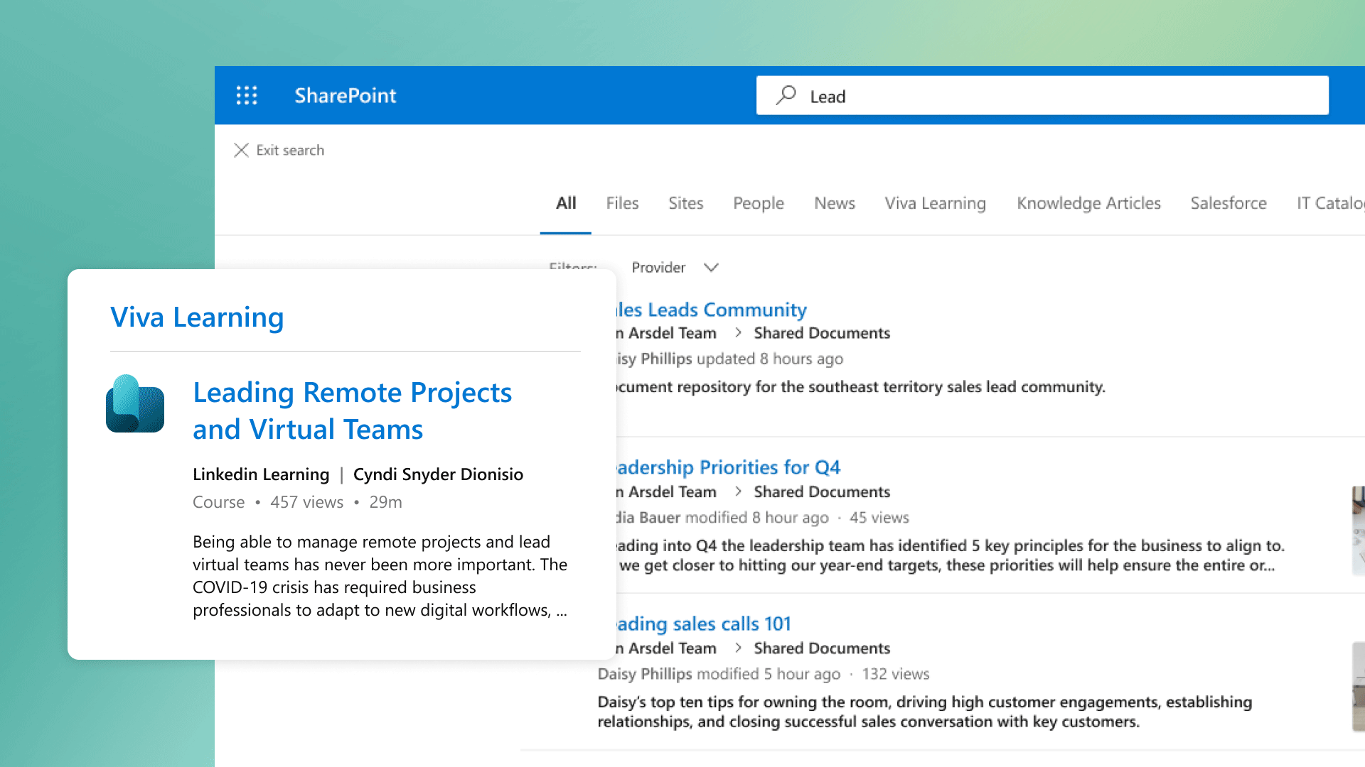 A search in SharePoint for “Lead” showing related content results from Viva Learning.