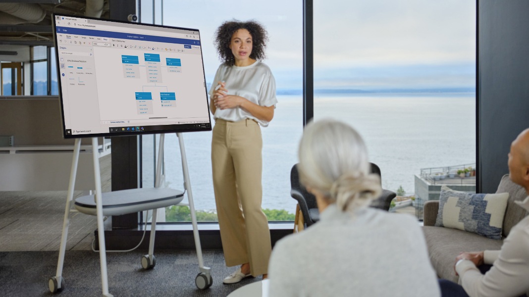 A person standing in front of a conference room presenting a diagram in Visio being displayed on a Surface Hub.