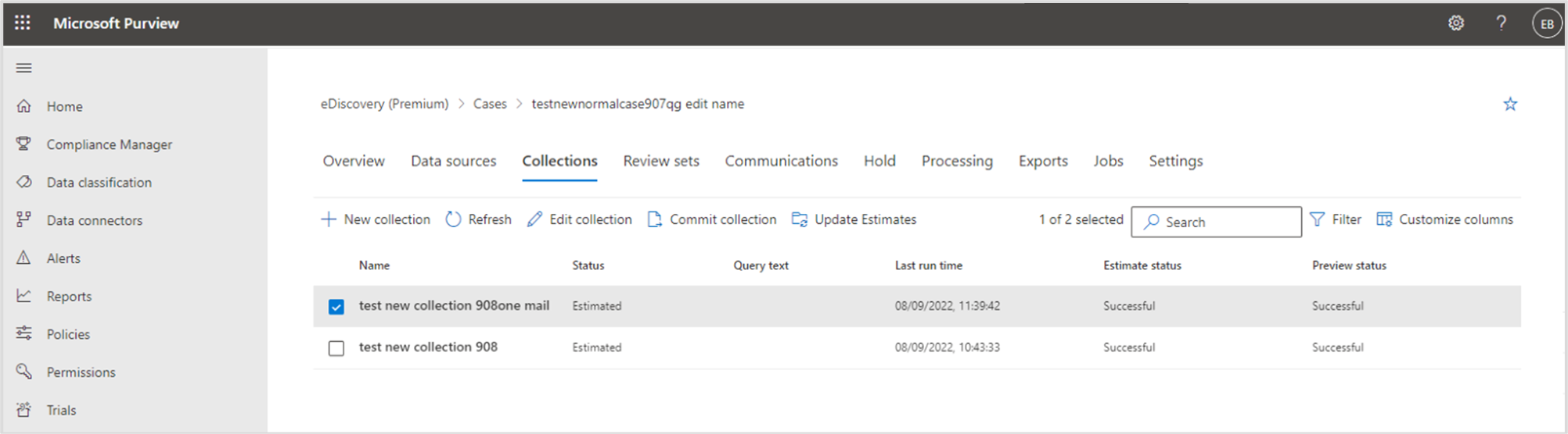 Quick access to rerun collection estimate and commit collection