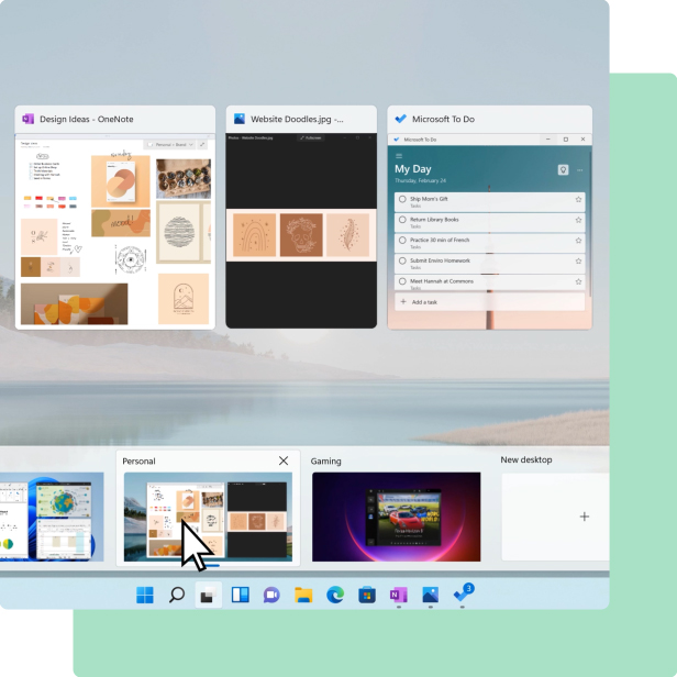 Desktop showing Snap assist and desktop groups