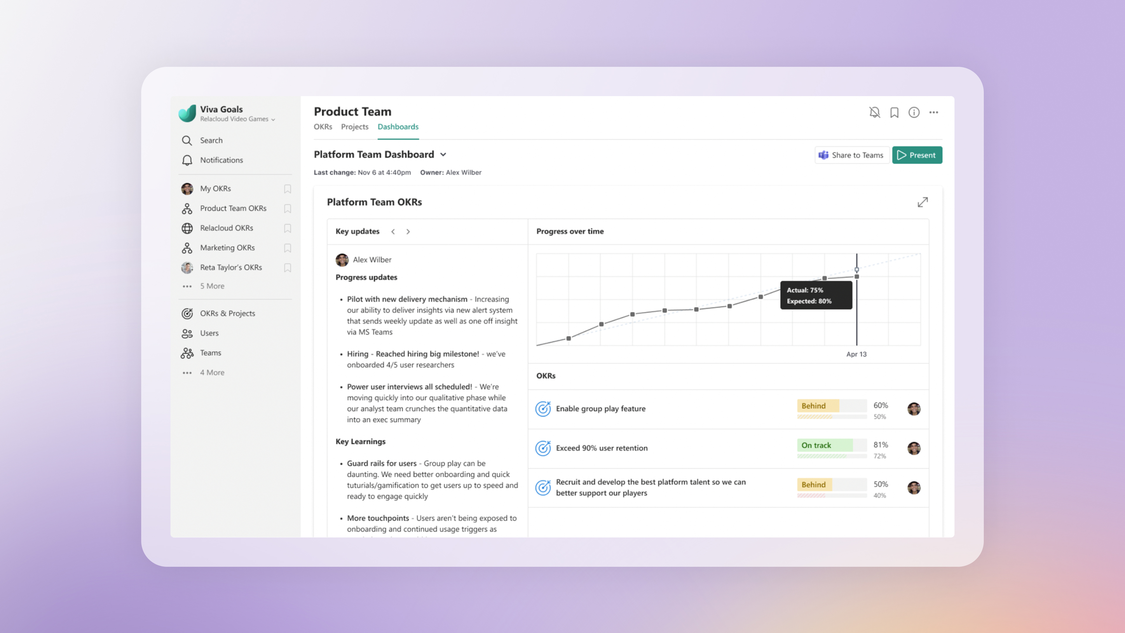 A Platform Team Dashboard in Viva Goals displaying key updates, a graph showing progress over time, and trackable OKRs.