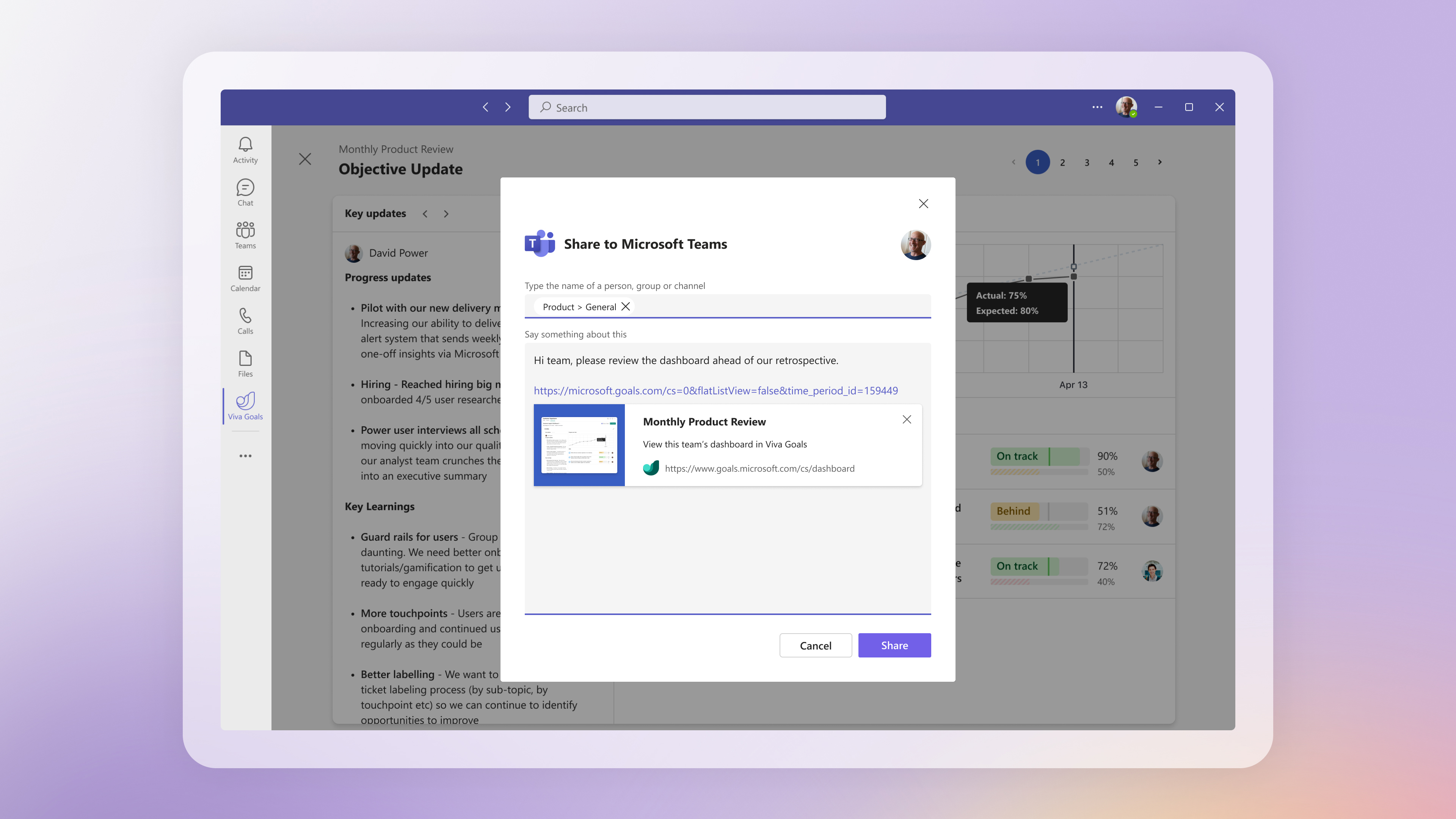 A Monthly Product Review document in Viva Goals being shared with a group in Teams.