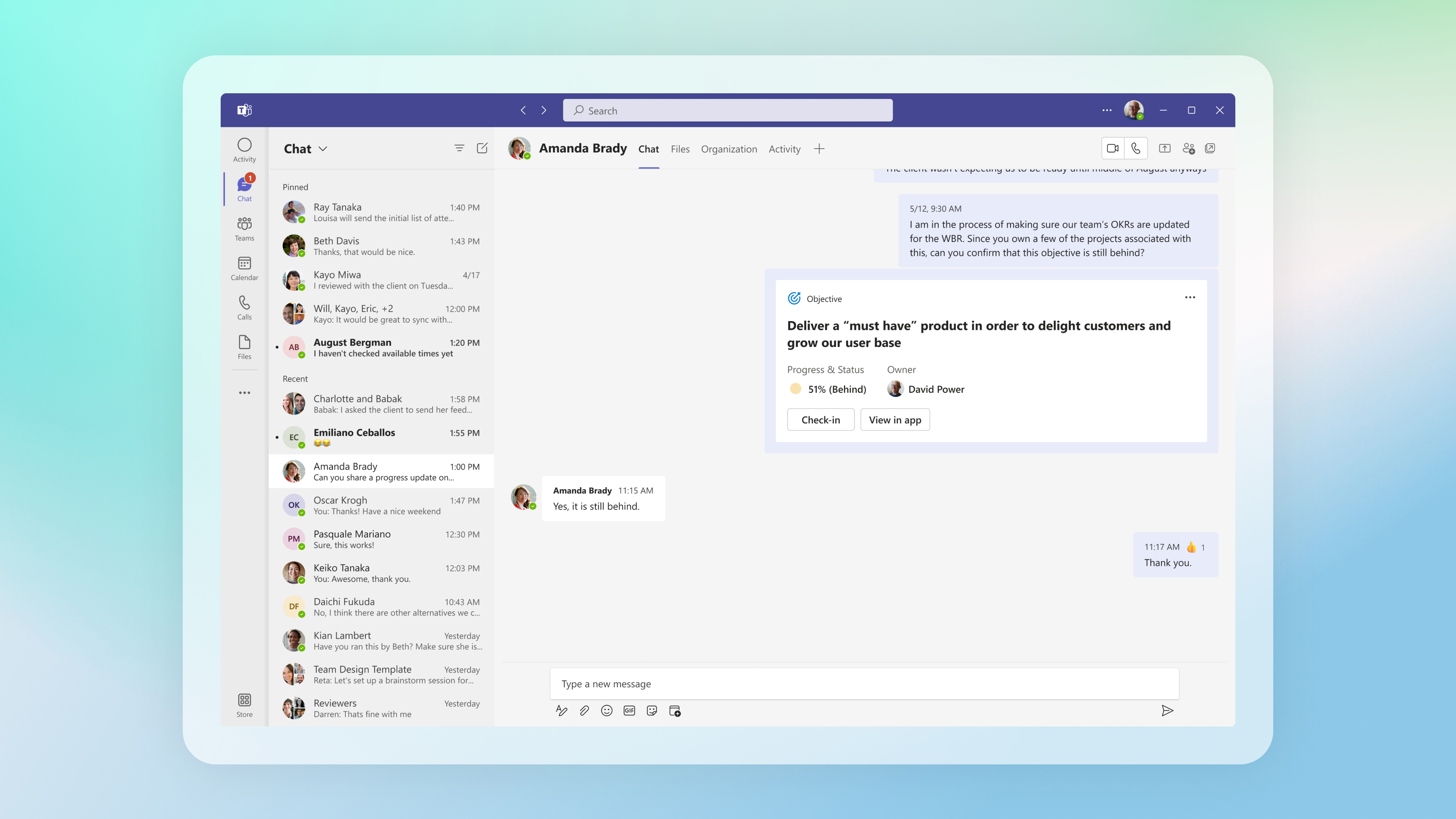 An employee sharing a Platform Team Dashboard over a Teams chat for review.