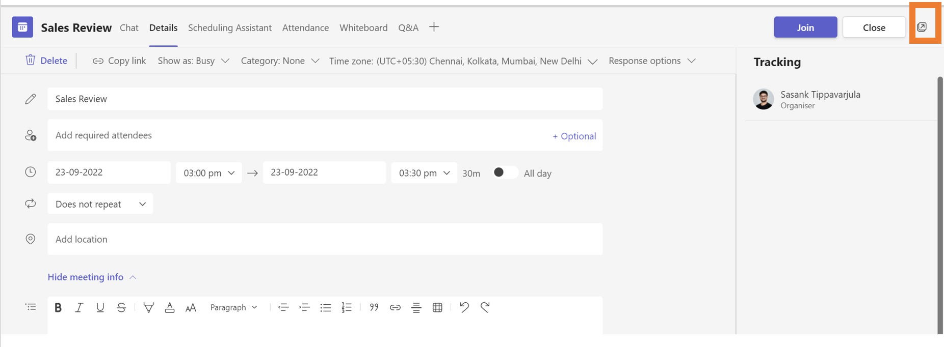 Existing meetings can also now be popped out by clicking on the icon on the scheduling form.