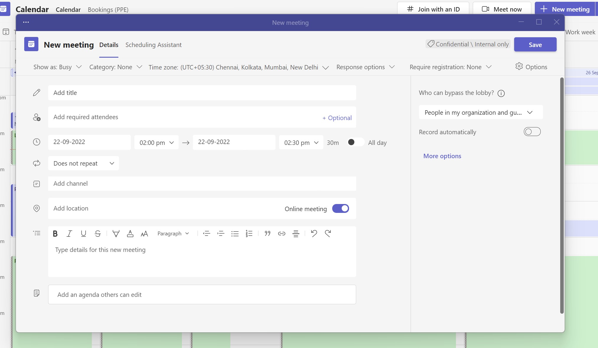 Users will see the new scheduling form window while creating a new meeting.