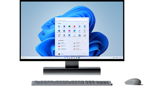Desktop all-in-one monitor with pinned and recommended apps window, with keyboard and mouse