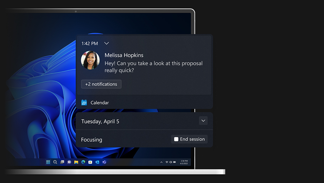 A screen highlighting Window’s Focus feature to quiet down notifications